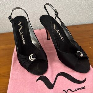 Nina Silk Satin Black Peep Toe Slingback Heels Shoes With Rhinestones Size 7.5M